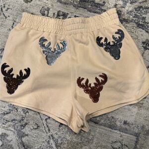 QUEEN OF SPARKLES Beige High-Waist Shorts with Sequin Deer Heads
